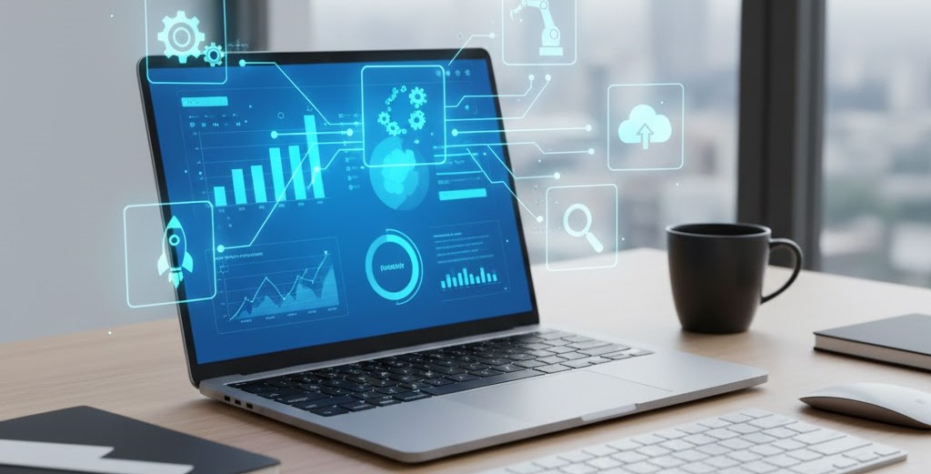 Escritorio moderno con gráficos de productividad, iconos de IA y flujos de trabajo automatizados