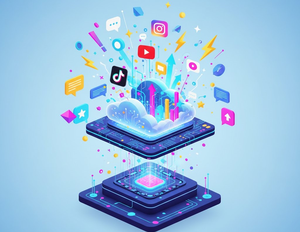 IA generando ideas para redes sociales: iconos de Instagram, TikTok, YouTube y mensajes emergiendo de una nube digital