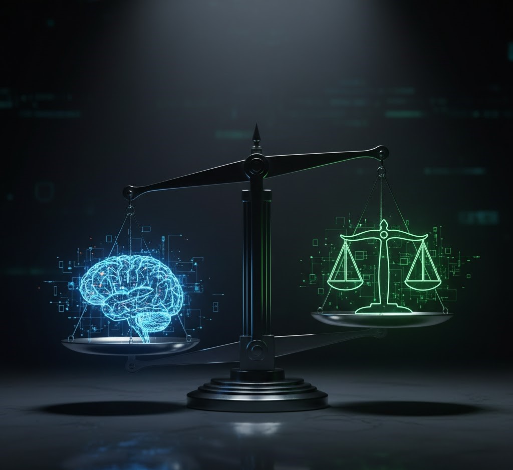 Balanza digital representando la ética en la inteligencia artificial