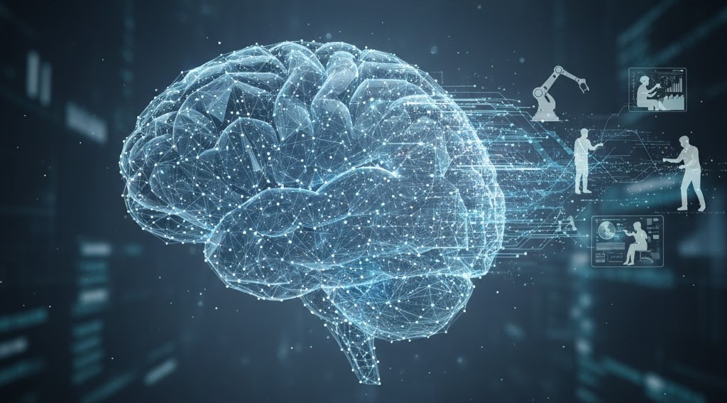 Cerebro digital con redes de datos representando la IA en el trabajo en 2026